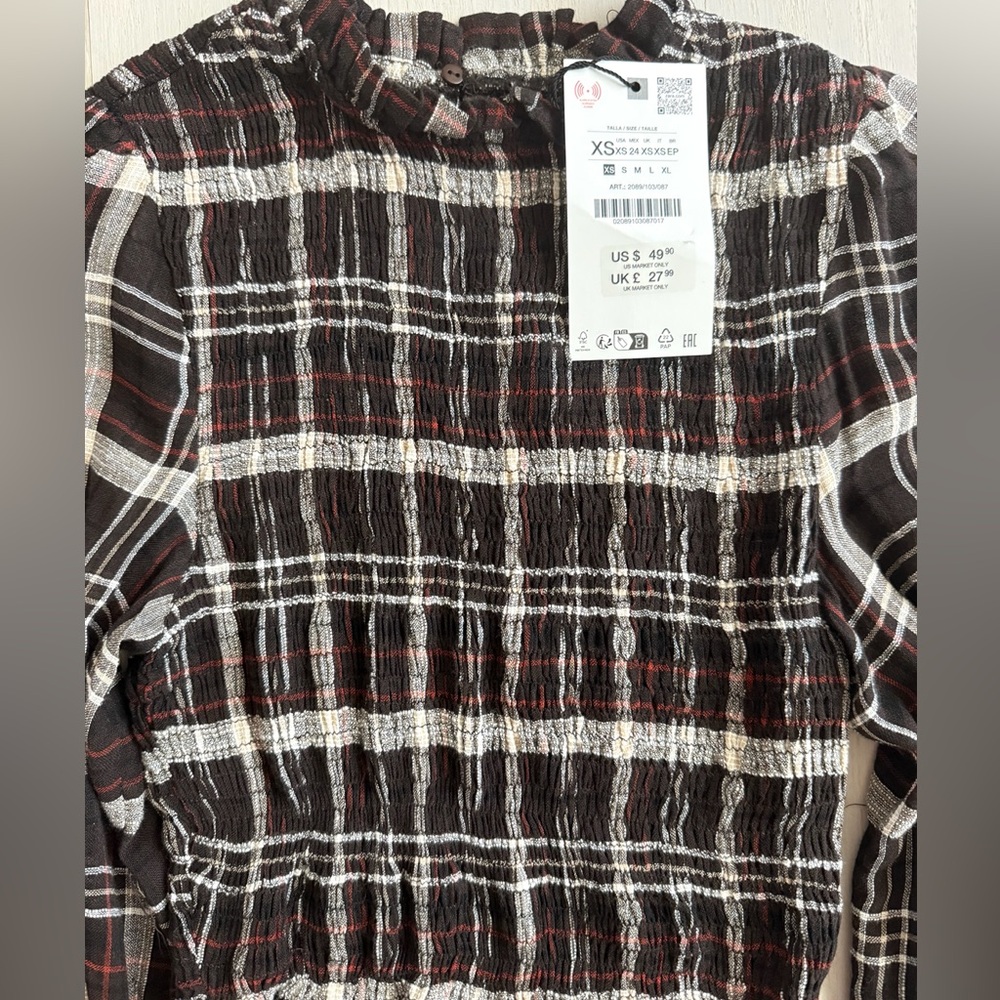 ZARA Plaid Smocked Blouse – XS – NWT - Picture 5 of 7